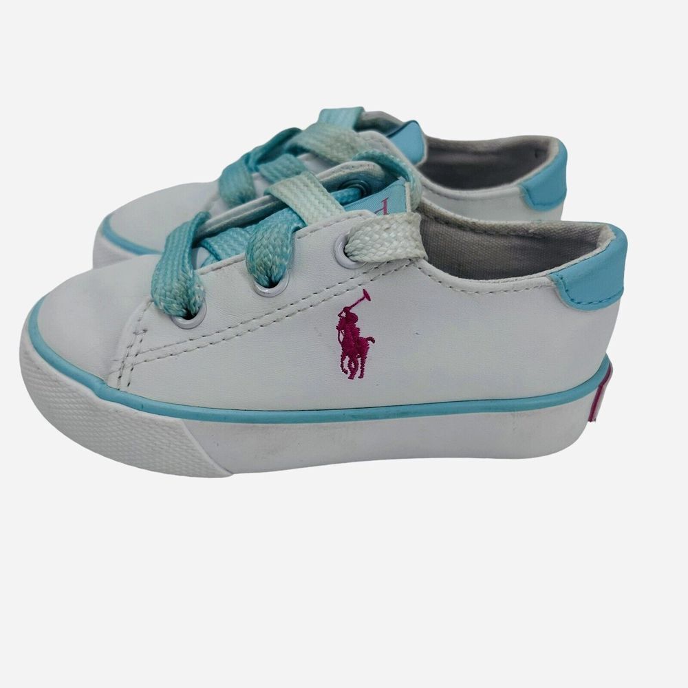POLO Ralph Lauren Toddler Leather Sneakers Shoes Size 6 White Pink Pony